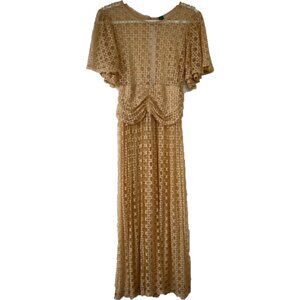 Farm Rio Midi Dress Large Tan Geometric Sheer Lace Gathered Empire Waist Large